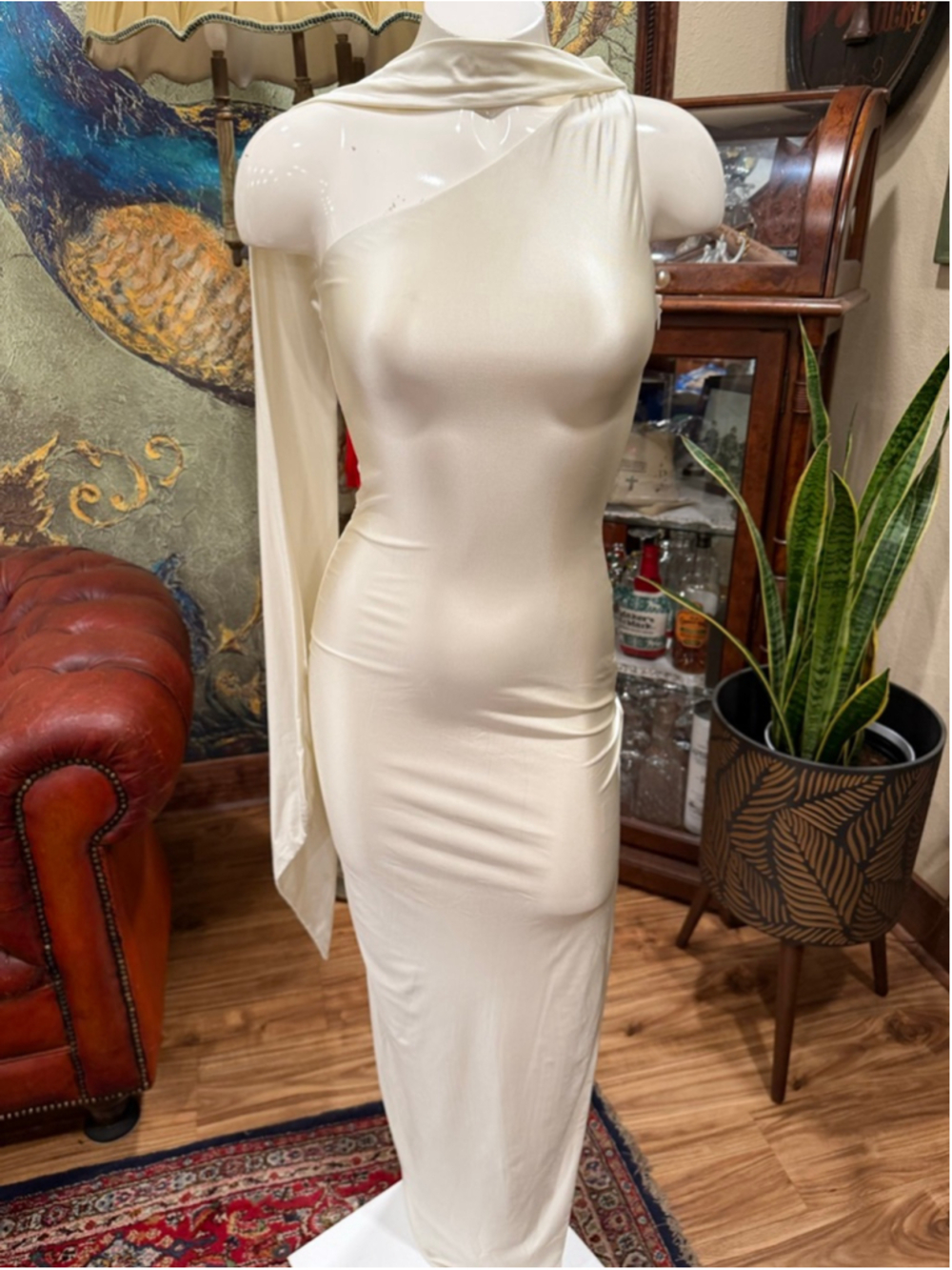 Oh Polly Maxi Dress US 0 Cream One Shoulder Asymmetrical Cape Sophisticated Glam - Picture 4 of 12